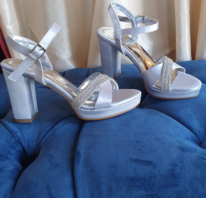 10 cm Silver Satin Low Block Heels for women