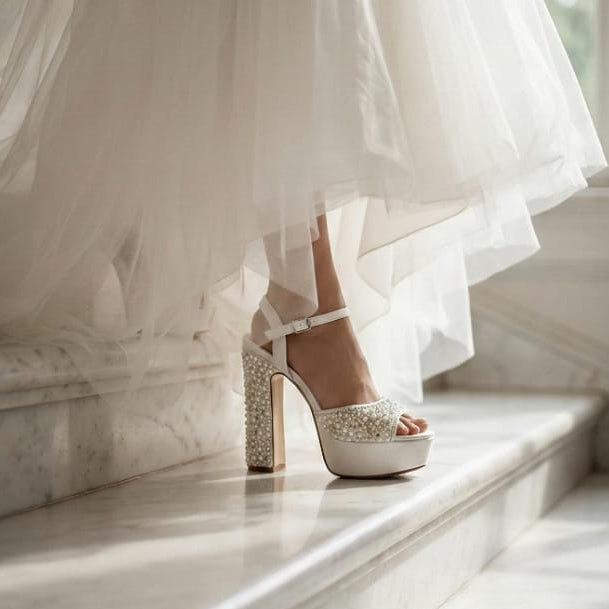 14 cm Comfortable high Heeled double Semelle bridal heels with secure ankle straps and pearl-embellished block heels. Beirut Lebanon