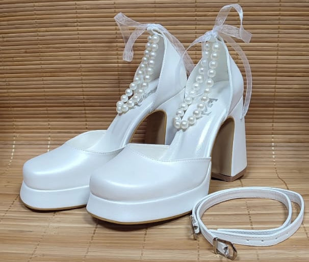 E10P 9-10cm Pearl White Comfy Bridal Block Heels