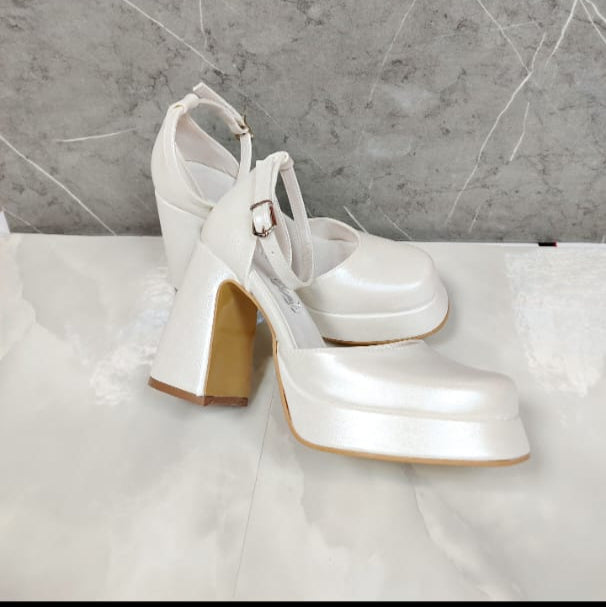 Pearl white platform wedding heels with ankle strap, perfect for brides and special occasions. Comfortable, stylish, and high-quality. Beirut Lebanon