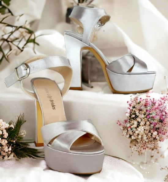 Best Comfy Satin Silver Bridal Platform Heel double Semele Sandals Beirut Lebanon