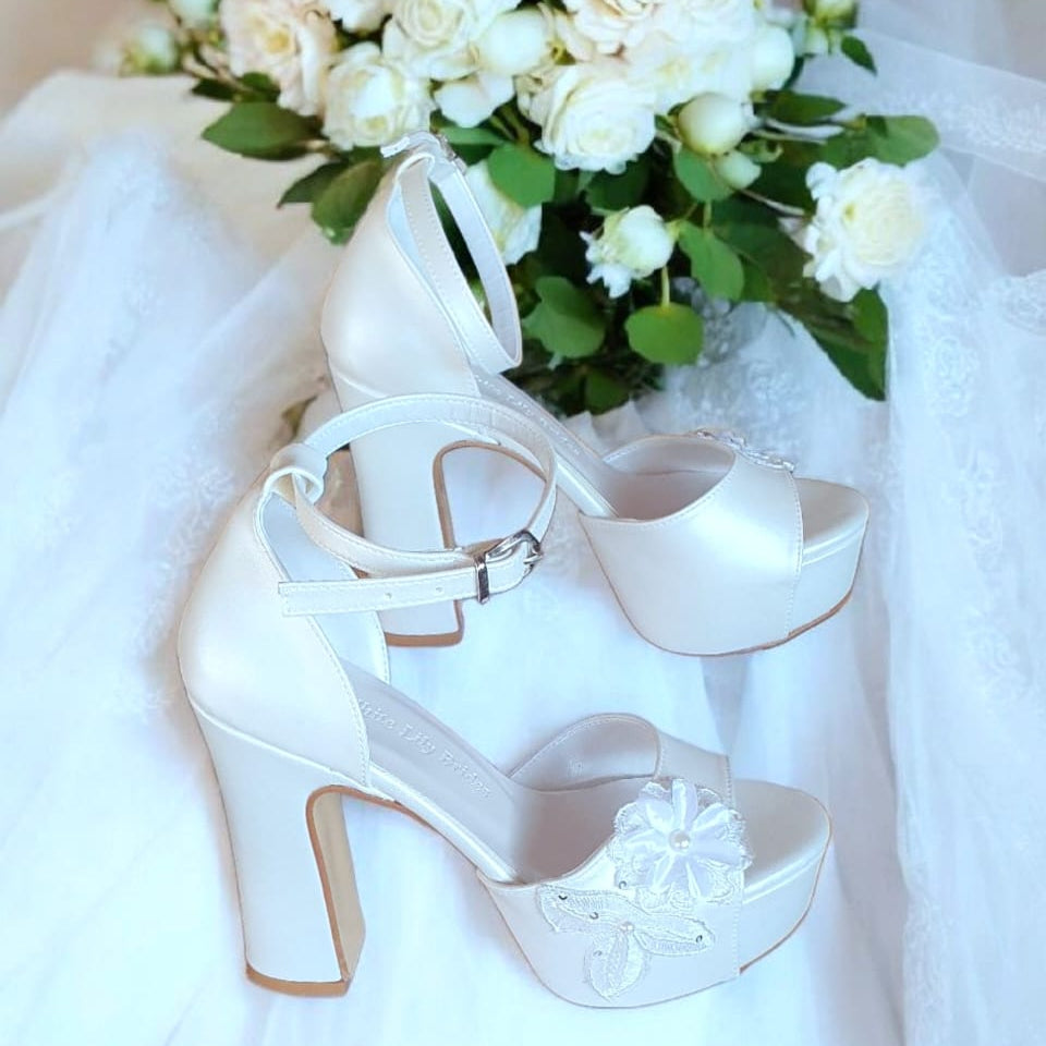 Comfy Pearl White Bridal Heels with Lace Flower Applique. 12 to13 cm Block Heel | Bridal & Wedding Shoes Beirut Lebanon. For Brides, Engagements & Graduations