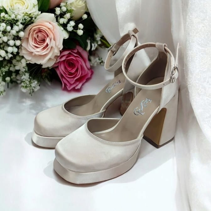 Gold Satin Silver platform wedding heels with ankle strap, bridal block heels for comfort and elegance in Beirut Lebanon
