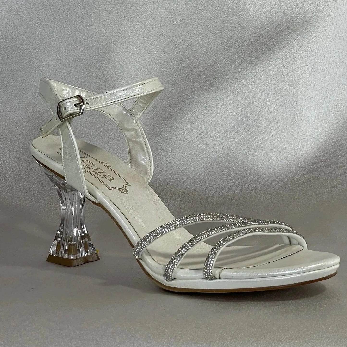 S8 8cm Low Heel Rhinestone White Sandals