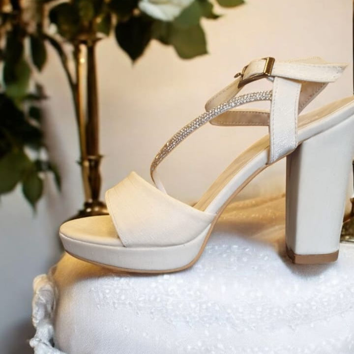 Satin pearl white block heel bridal sandals with 10cm heel and 2cm platform Beirut Lebanon