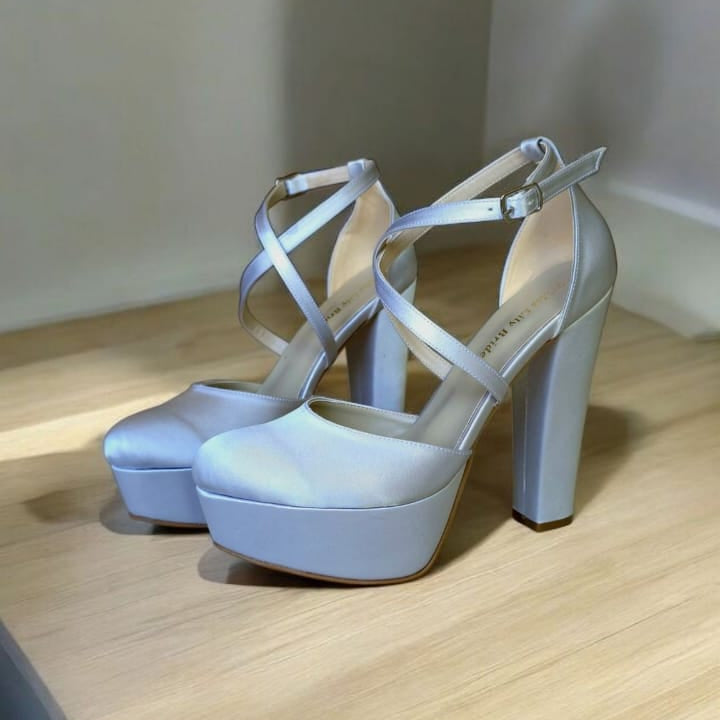 Silver satin double Semele 14 cm block heel , designed for brides, Wedding, bridesmaids, Bridal Evening Shoes, special occasions graduations in Beirut, Lebanon.