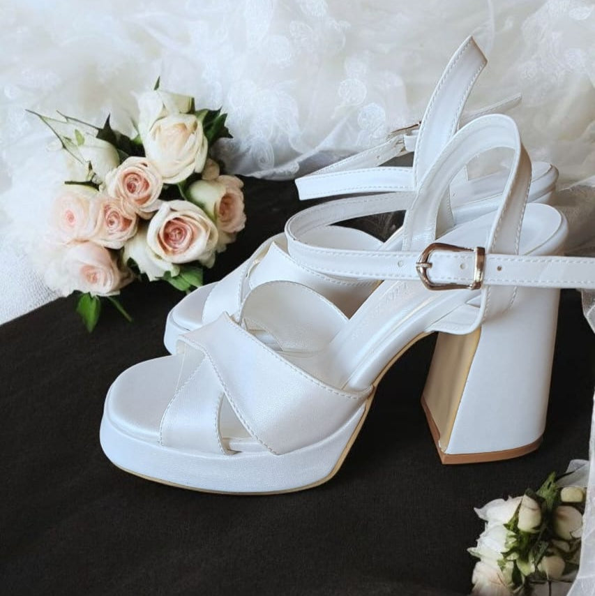 E10X-O White Block Heel Bridal Sandals | 9 cm Heel, 2.5 cm Platform