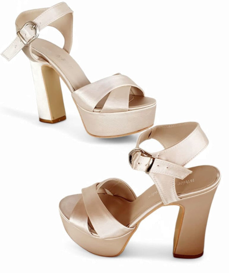 TAN Satin Platform Block Heels – 13cm Heel, 4.5cm Platform | White Lily Brides Lebanon Beirut