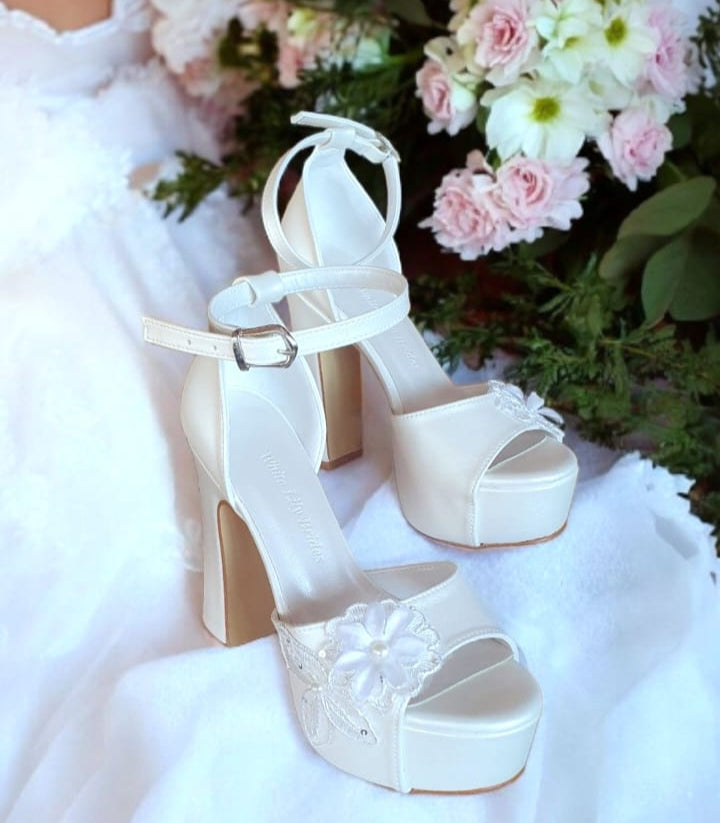 Pearl White Bridal Heels with Lace Applique | White Lily Brides | 12 cm Block Heel | Wedding Bridal Shoes Beirut Lebanon