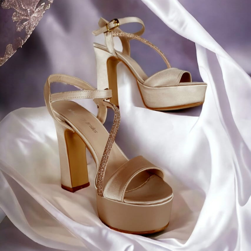 more Comfy in Beirut Champagne Tan Gold Nude-Color Satin Sandals platform heels Shoes in Beirut by White Lily Brides from 12 cm to 13 cm Double Semele rhinestones
