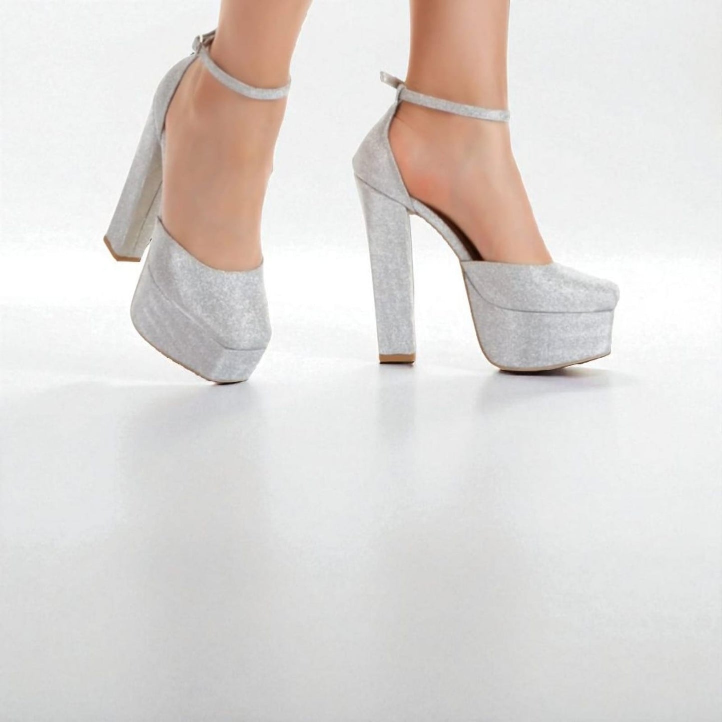 16SU 16cm Silver Glitter Block Heels - 5cm Double Semelle