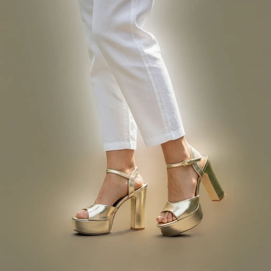 Gold high-heeled shoes worn with white pants on a neutral background