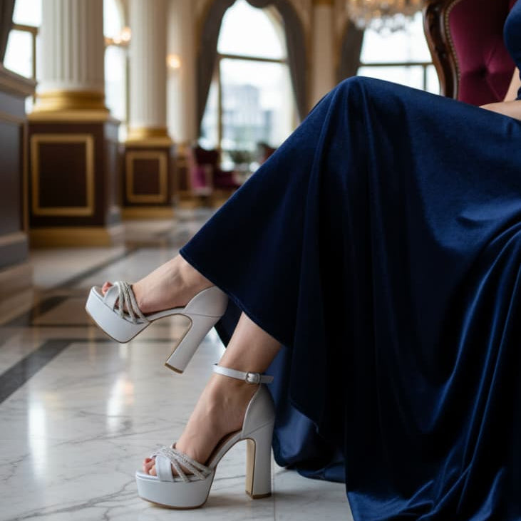 Person wearing high-heeled Silver Satin shoes and a blue dress in an elegant interior setting.