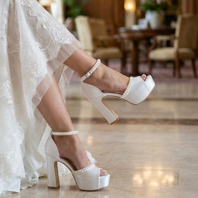 Person wearing white lace wedding shoes in a elegant indoor setting