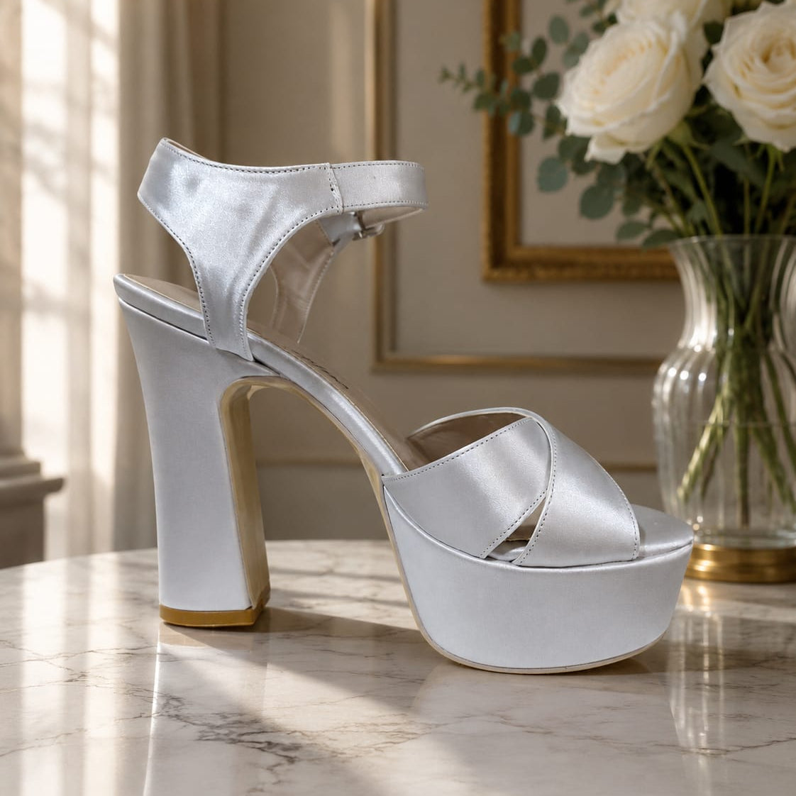 A single high-heeled platform sandal in shiny silver satin, styled on a marble tabletop with a vase of white roses and a mirror in the background.