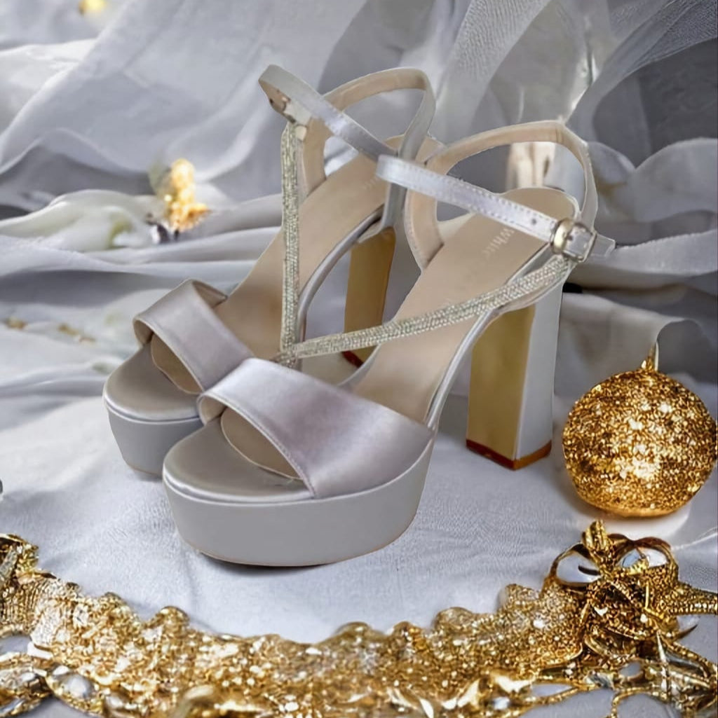 Elegant satin silver bridal platform heels with a 12cm block heel, 4.5cm platform, and rhinestone-decorated straps, perfect for weddings. Beirut Lebanon