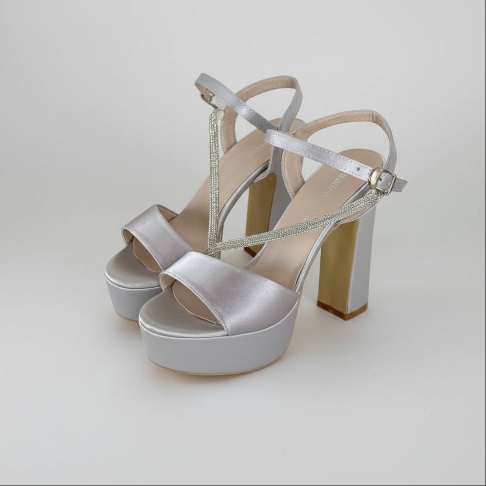 Elegant satin silver platform heels with a 12cm block heel, 4.5cm platform, and rhinestone-decorated straps, perfect for weddings. Beirut Lebanon