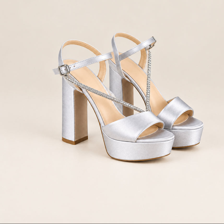 Elegant satin silver platform heels with a 12cm block heel, 4.5cm platform, and rhinestone-decorated straps, perfect for weddings. Beirut Lebanon