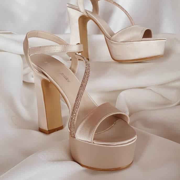 more Comfy in Beirut Champagne Tan Gold Nude-Color Satin Sandals platform heels Shoes in Beirut by White Lily Brides from 12 cm to 13 cm Double Semele rhinestones
