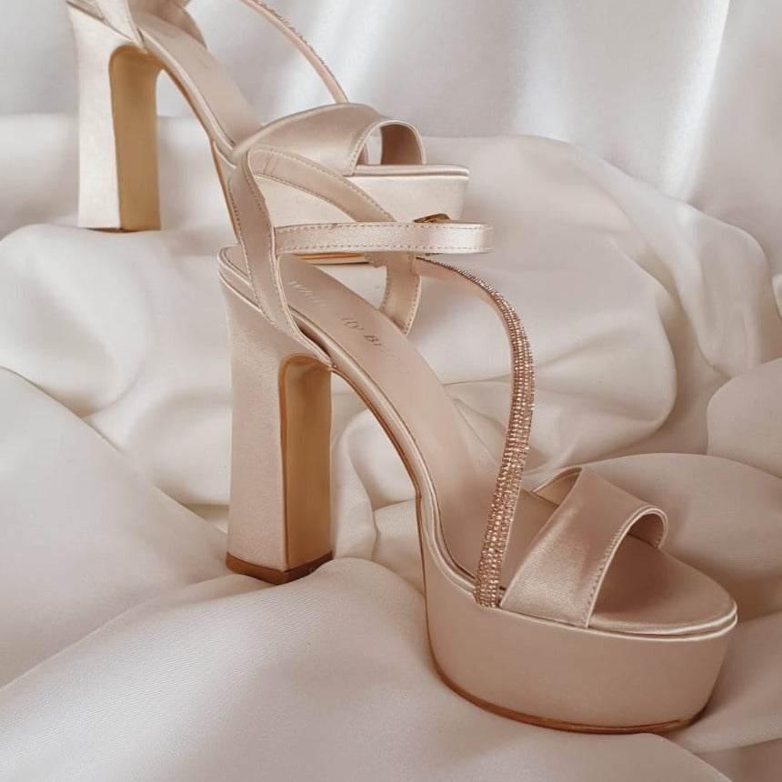 more Comfy in Beirut Champagne Tan Gold Nude-Color Satin Sandals platform heels Shoes in Beirut by White Lily Brides from 12 cm to 13 cm Double Semele with rhinestones