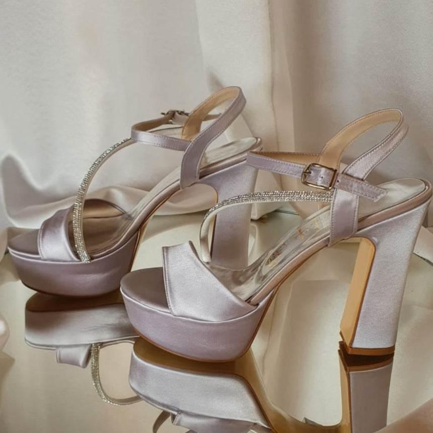 more Comfy in Beirut Silver Satin Sandals platform heels Shoes in Beirut by White Lily Brides from 12 cm to 13 cm Rhinestones Robes