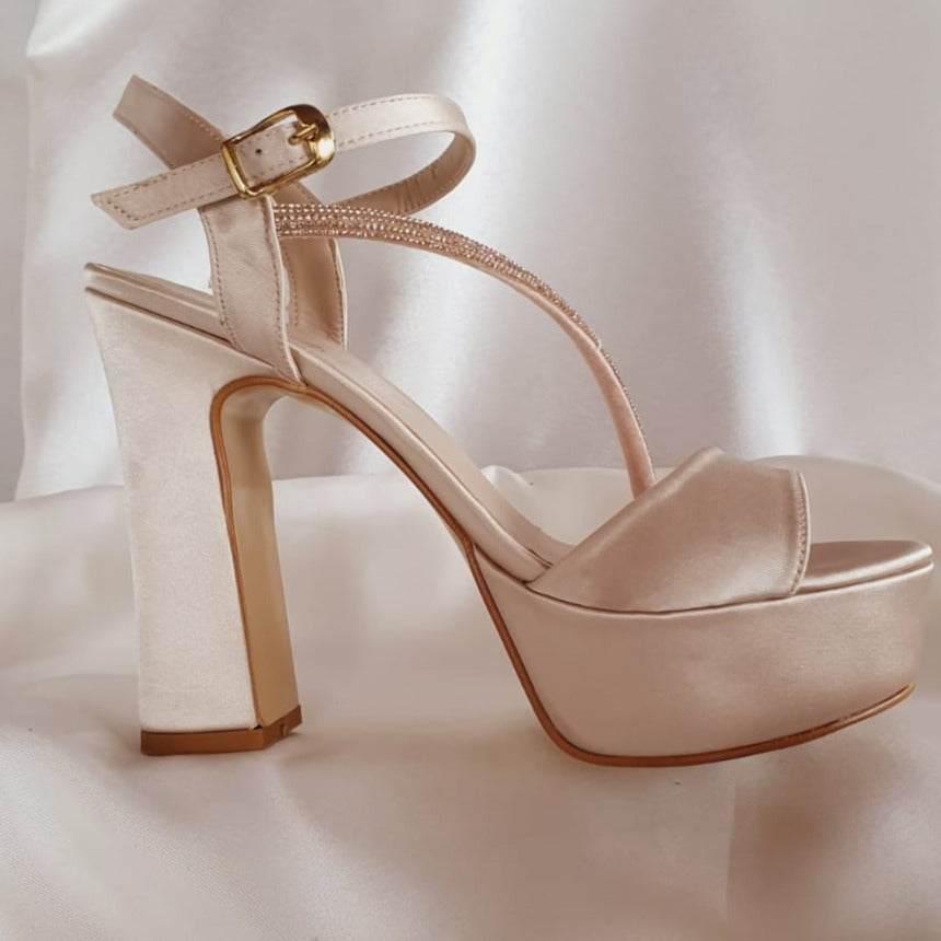 more Comfy in Beirut Champagne Tan Gold Nude-Color Satin Sandals platform heels Shoes in Beirut by White Lily Brides from 12 cm to 13 cm Double Semele rhinestones