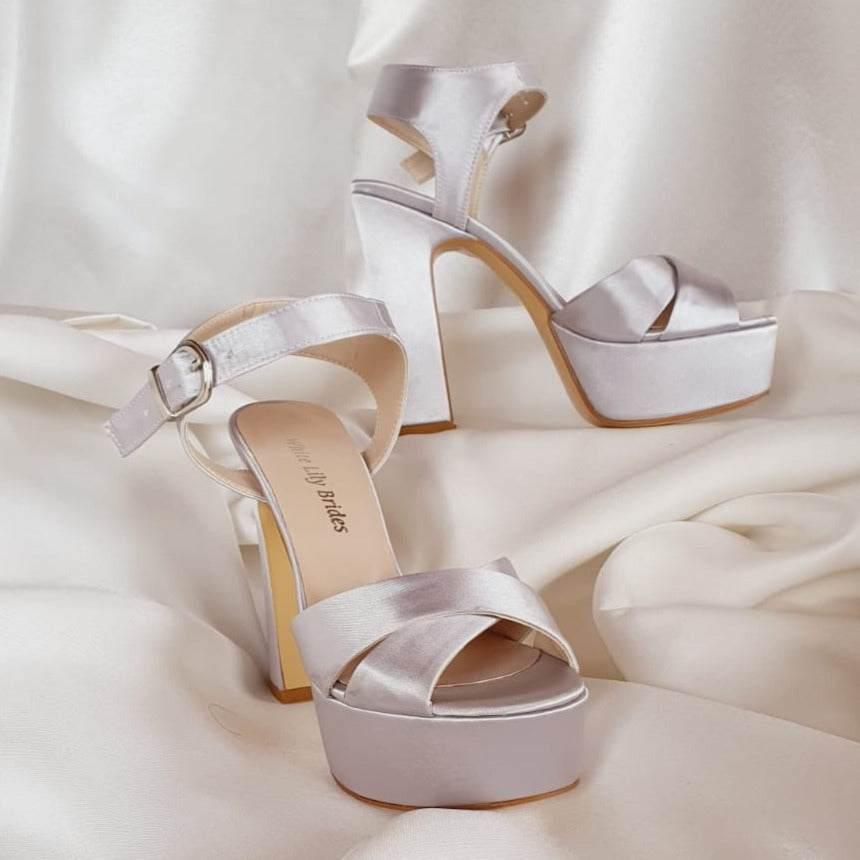 more Comfy in Beirut Silver Satin Sandals platform heels Shoes in Beirut by White Lily Brides from 12 cm to 13 cm