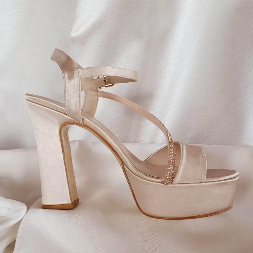 more Comfy in Beirut Champagne Tan Gold Nude-Color Satin Sandals platform heels Shoes in Beirut by White Lily Brides from 12 cm to 13 cm Double Semeles