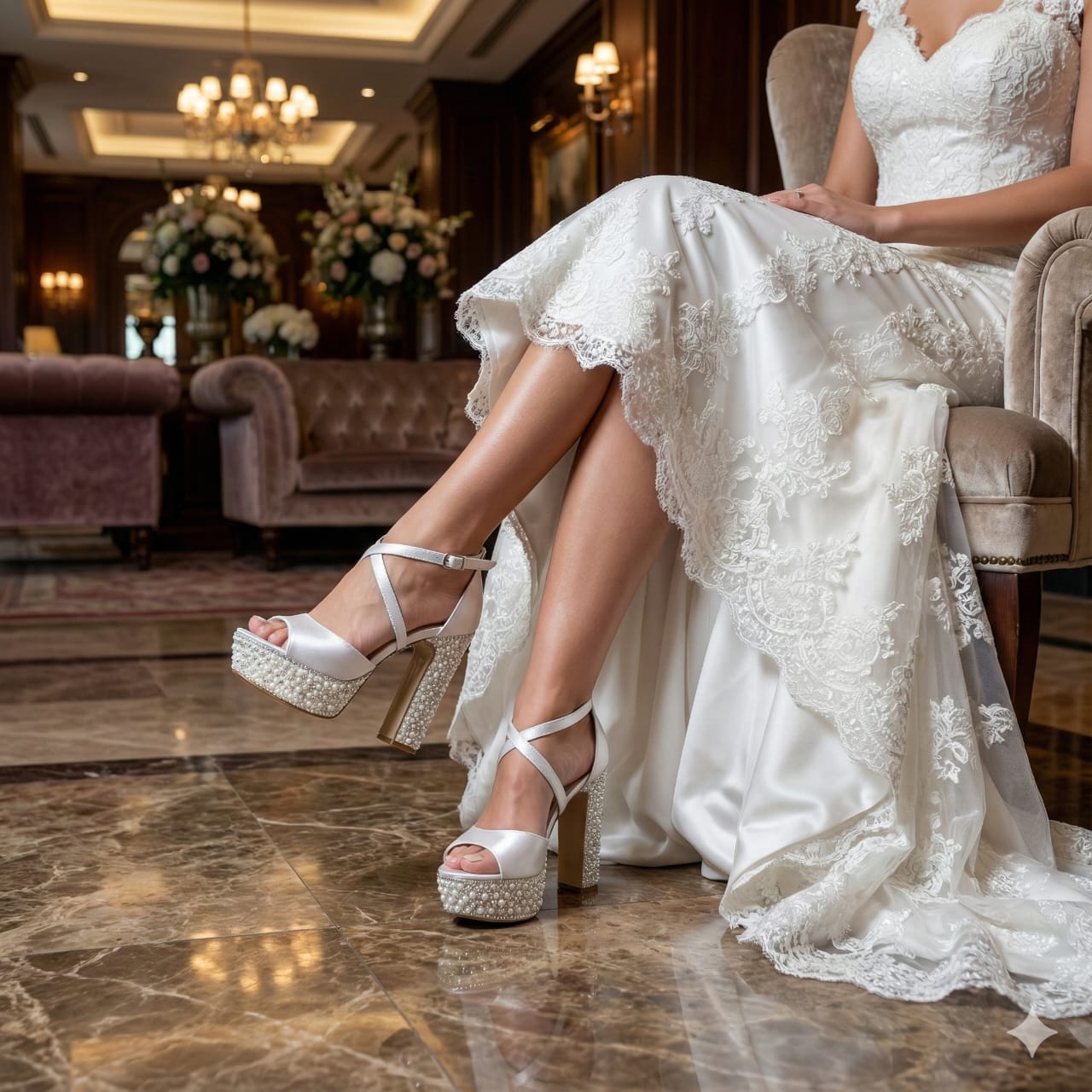 ​Luxury bridal heels and wedding shoes in Beirut, Lebanon. Elegant satin and crystal-embellished footwear for Lebanese brides. Premium bridal collection featuring platform sandals and pumps by White Lily Brides for weddings and special events.