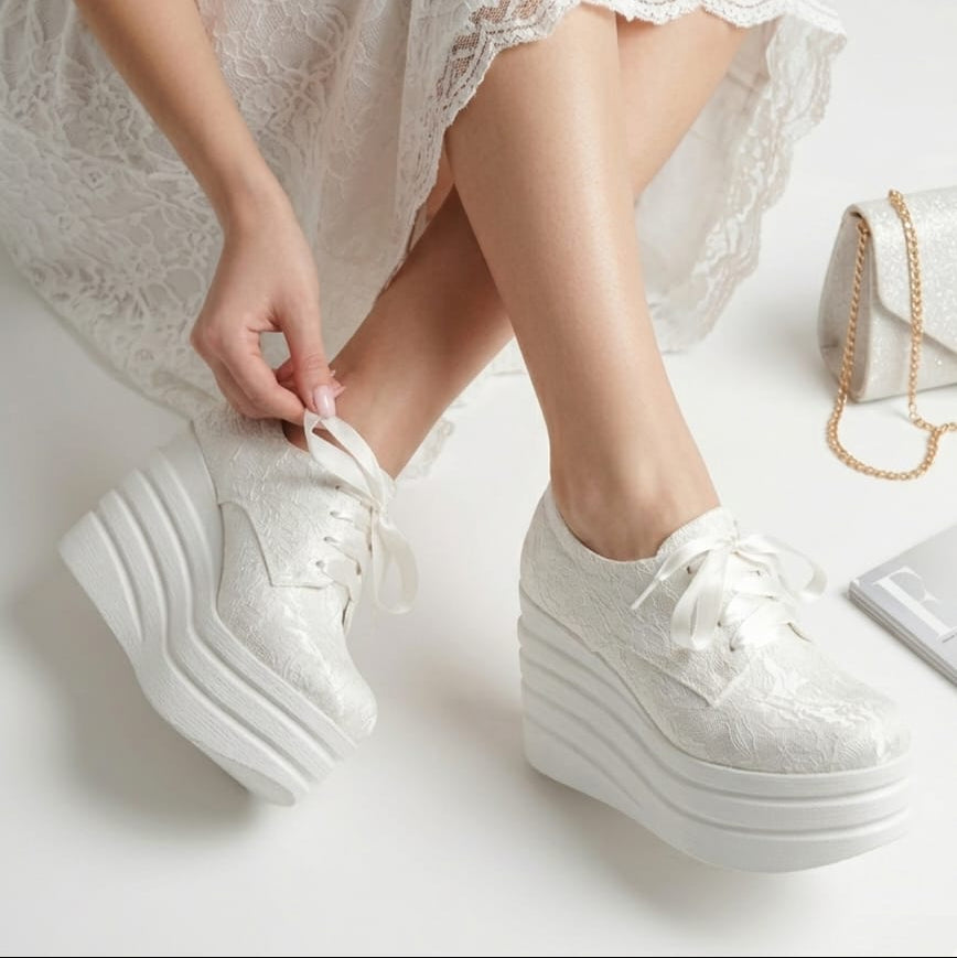 White lace bridal platform wedge sneakers with 10cm height and satin ribbon laces