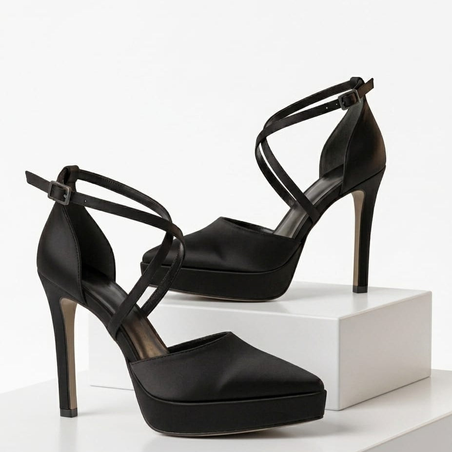 Black high-heeled shoes on a white platform with a white background