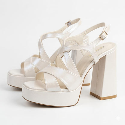 12 cm Pearl White platform sandals with block heel on a white background in Beirut Lebanon
