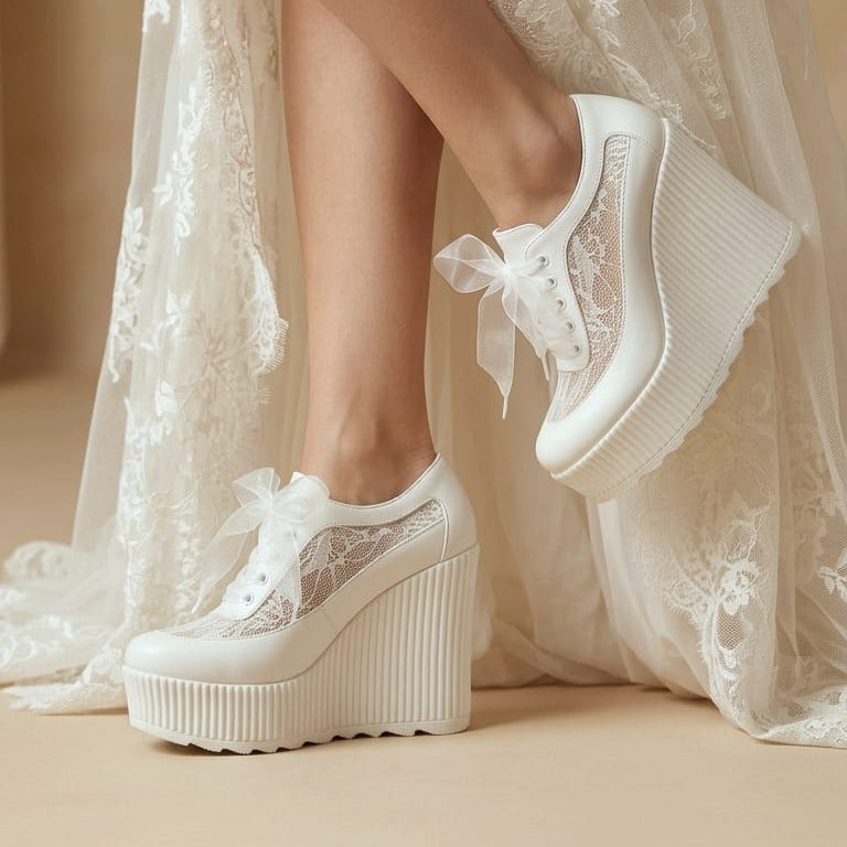 12 cm White lace-up platform wedge sneakers with sheer lace panels and white ribbon bows, shown worn with a white lace dress in a softly lit indoor setting.