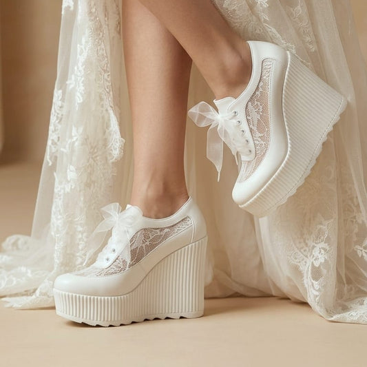 12 cm White lace-up platform wedge sneakers with sheer lace panels and white ribbon bows, shown worn with a white lace dress in a softly lit indoor setting.