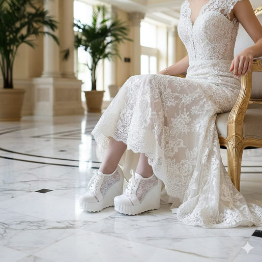 12 cm White lace wedges sneakers Rock  on a white surface with flowers 