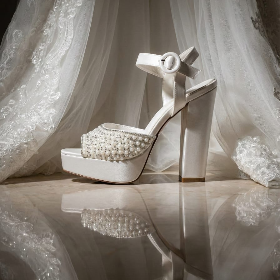 13cm A modern matte platform wedding shoe for the 2026 bride, featuring a tall block heel and pearl accents from White Lily Brides.