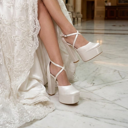double semelle bridal heels with cross-over ankle straps, styled with a luxury lace wedding gown. Lebanon Beirut