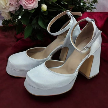 E10S 10cm Silver Satin Block Heel Beirut Lebanon