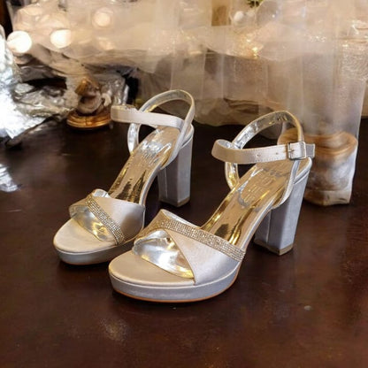 SESX 10cm Silver Satin Block Heel Sandals Beirut Lebanon- white Lily Brides