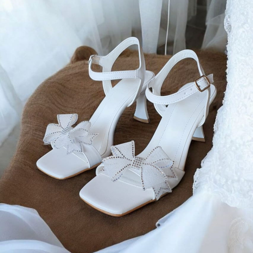 Nicole-1 Wedding Bridal White Heel Sandal floral bow | 8 cm Comfort