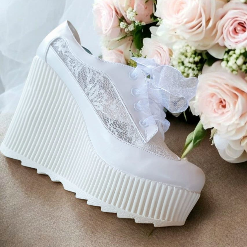 R12-3 Jena Bridal Wedge Sneaker 11-12 cm Heel – White Lace Rock