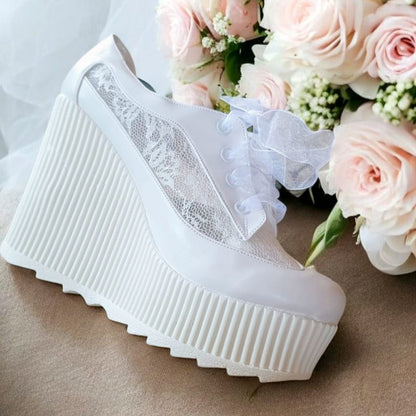 R12-3 Jena Bridal Wedge Sneaker 11-12 cm Heel – White Lace Rock