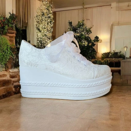 R8-3 Jena Pearl-White Lace Bridal Platform Sneaker — 8 cm Wedge
