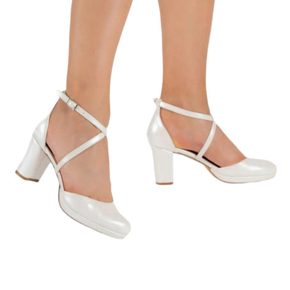 Comfortable Wedding bridal Pearl White leather shoes heels with  platform  Beirut 8 cm 7 cm from White lily Brides