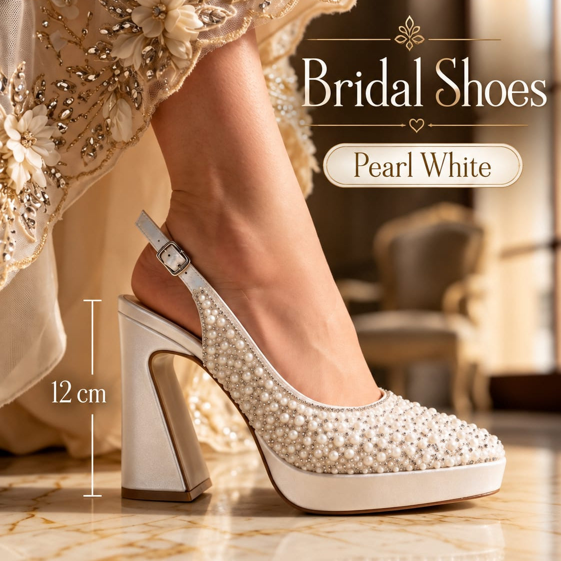 A bridal slingback high heel shoe in pearl white, shown worn on a model's foot. The shoe is heavily embellished with small pearls and crystals, featuring a chunky block heel, platform sole, and adjustable ankle strap.