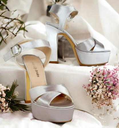  Best Comfy Satin Silver Bridal Platform Heel  double Semele Sandals Beirut Lebanon