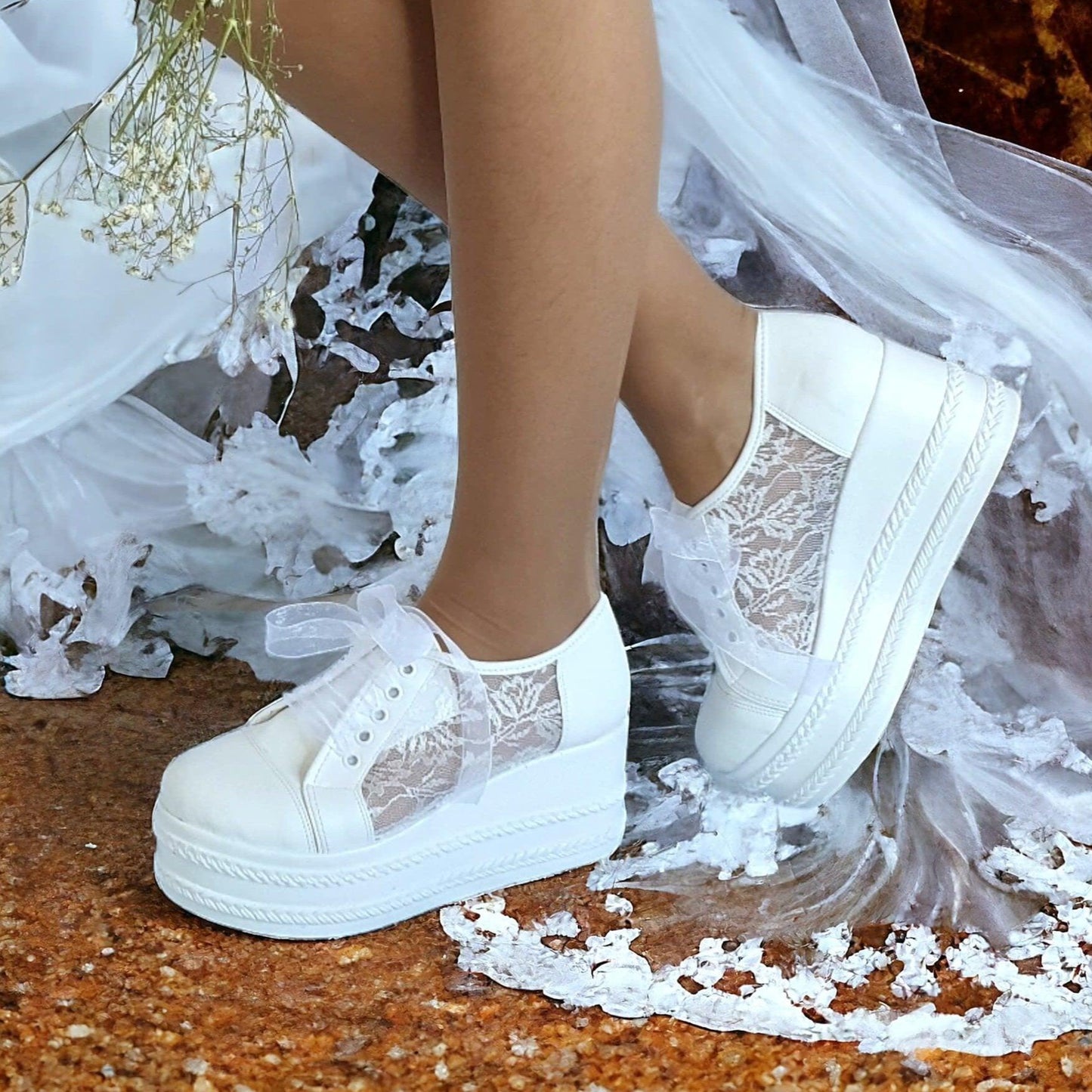 Best Seller our Elegant white wedding bridal Lace sneakers wedge heel rock in Beirut Lebanon. Perfect for brides seeking comfort, baptism & special occasions