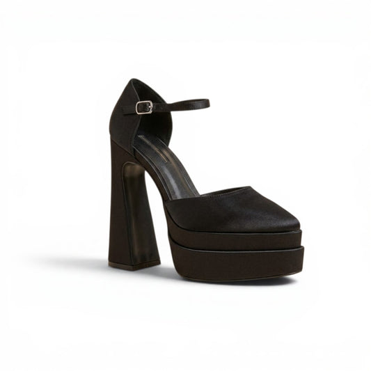 15 cm Black High Heeled Triple Semelle Satin Shoes closed toe