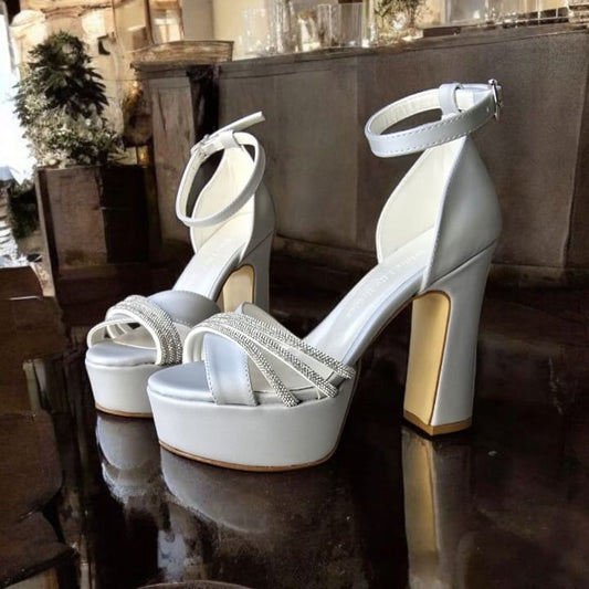 Comfortable 12-13 cm block Satin High heel Shoes for height and elegance
 4.5 cm platform for extra stability
 Silver satin in Beirut Lebanon
