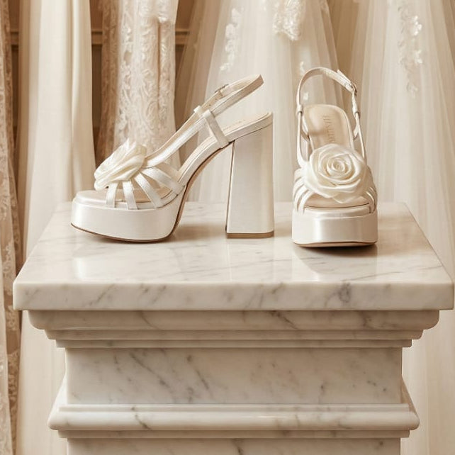 Comfortable White wedding shoes with floral details on a marble pedestal against a backdrop of wedding dresses. in Beirut Lebanon